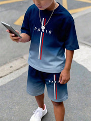 2pcs Big Boys Paris Graphic Gradient T-Shirt & Shorts Set - Midnigh...