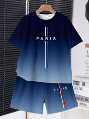 2pcs Big Boys Paris Graphic Gradient T-Shirt & Shorts Set - Midnigh...
