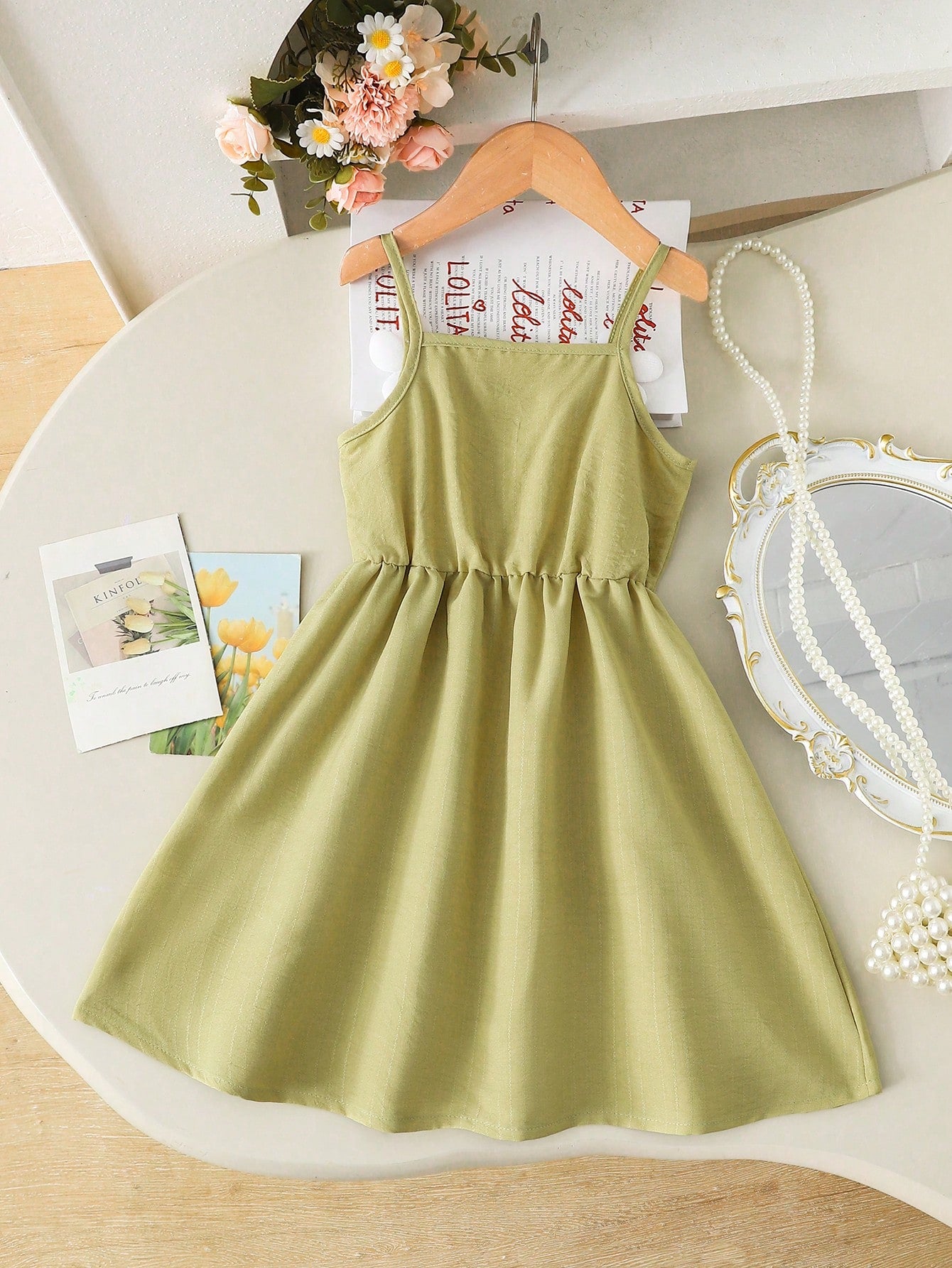 Girls Floral Appliqué Spaghetti Strap Fit & Flare Dress - Sage | 21...