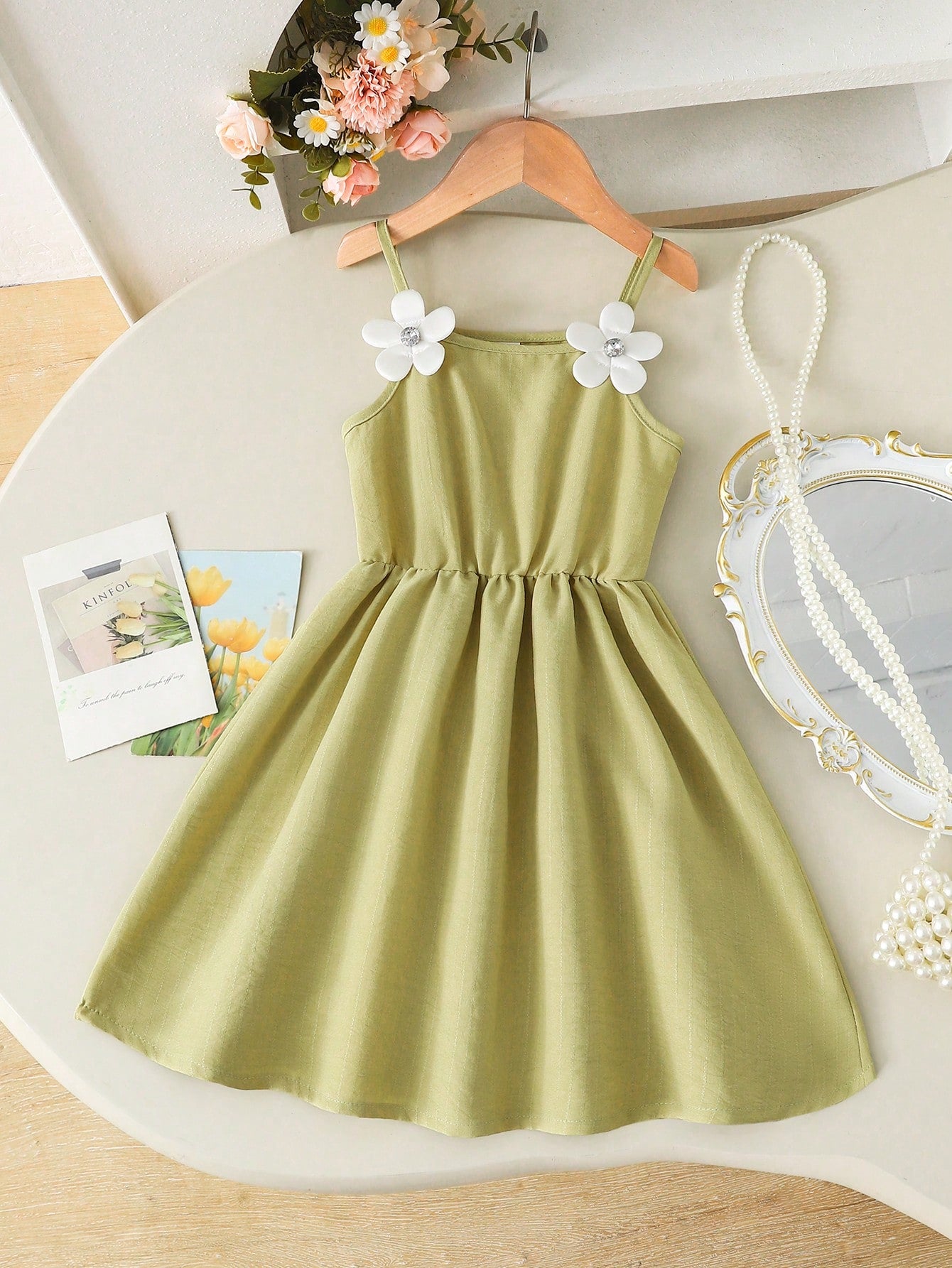 Girls Floral Appliqué Spaghetti Strap Fit & Flare Dress - Sage | 21...