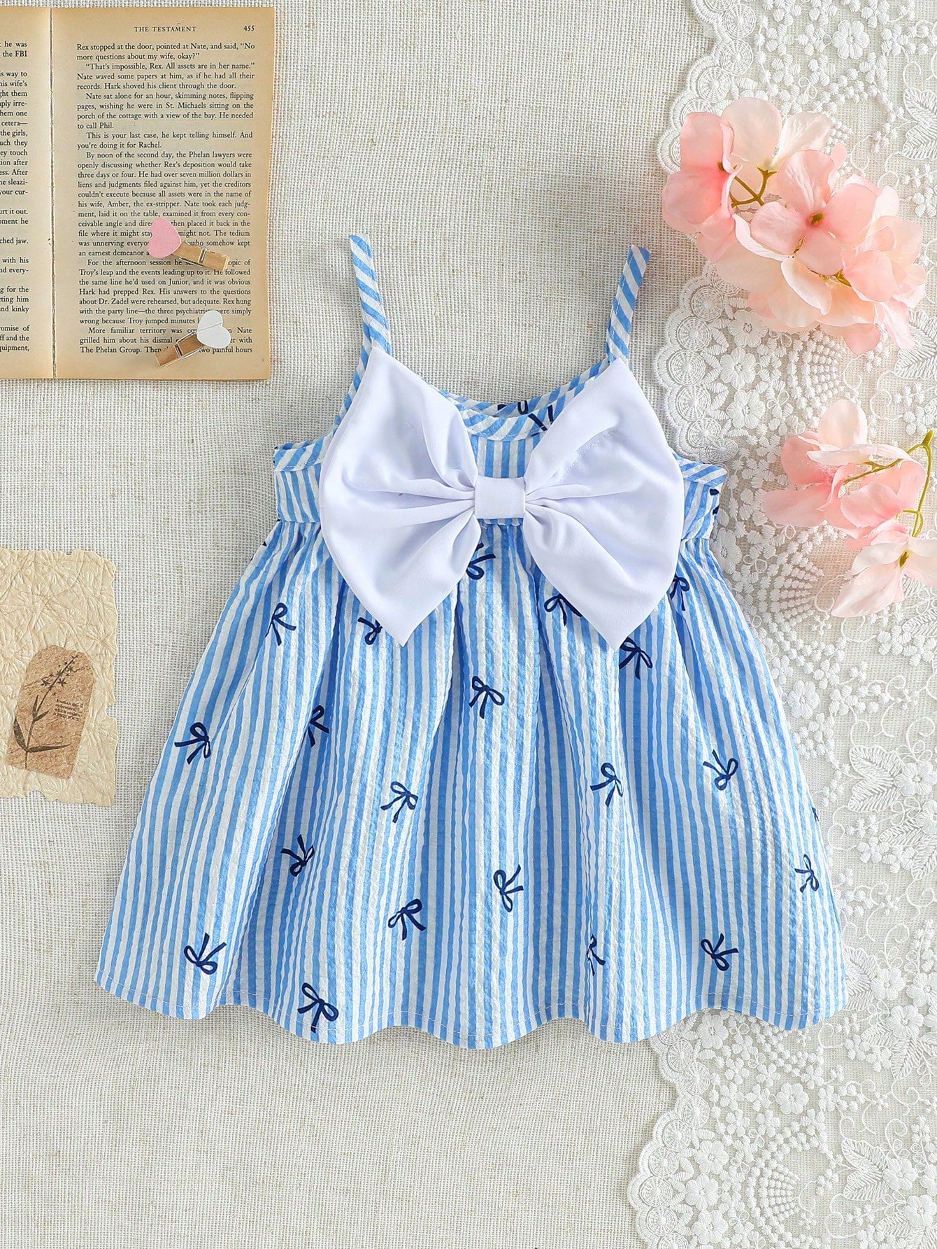 Girls Stripe Bow-Front Spaghetti Strap Mini Dress - Cerulean
