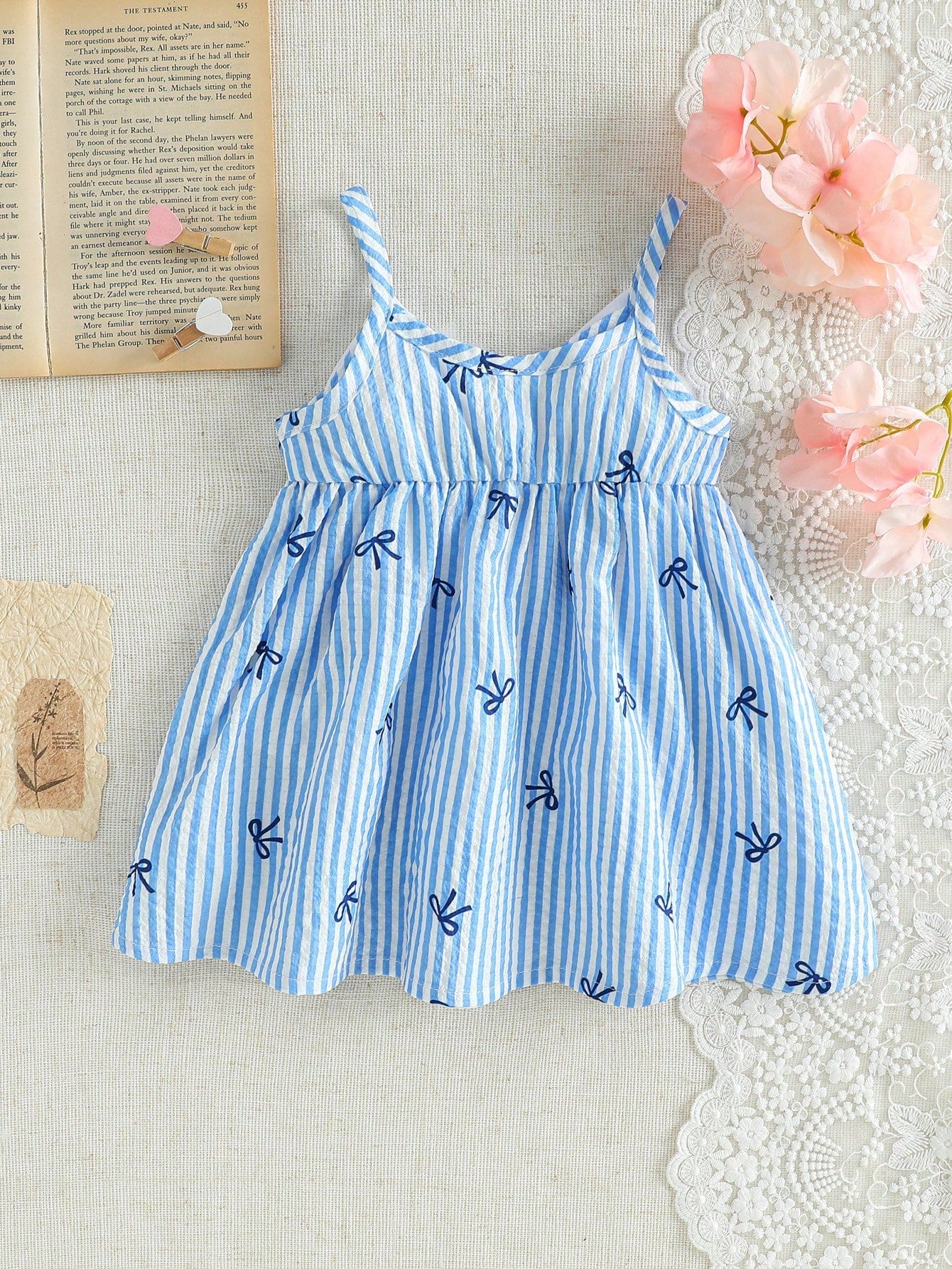 Girls Stripe Bow-Front Spaghetti Strap Mini Dress - Cerulean