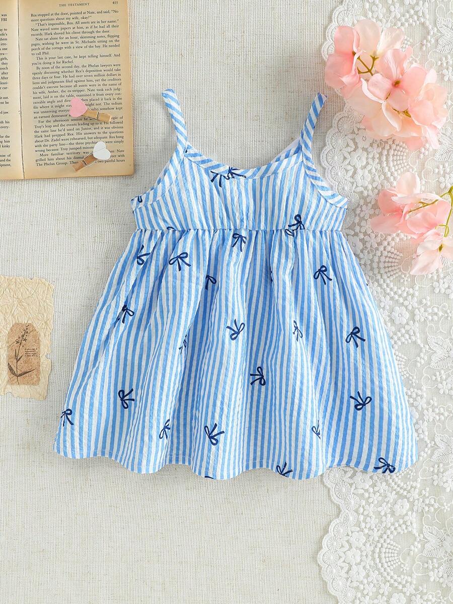 Girls Stripe Bow-Front Spaghetti Strap Mini Dress - Cerulean