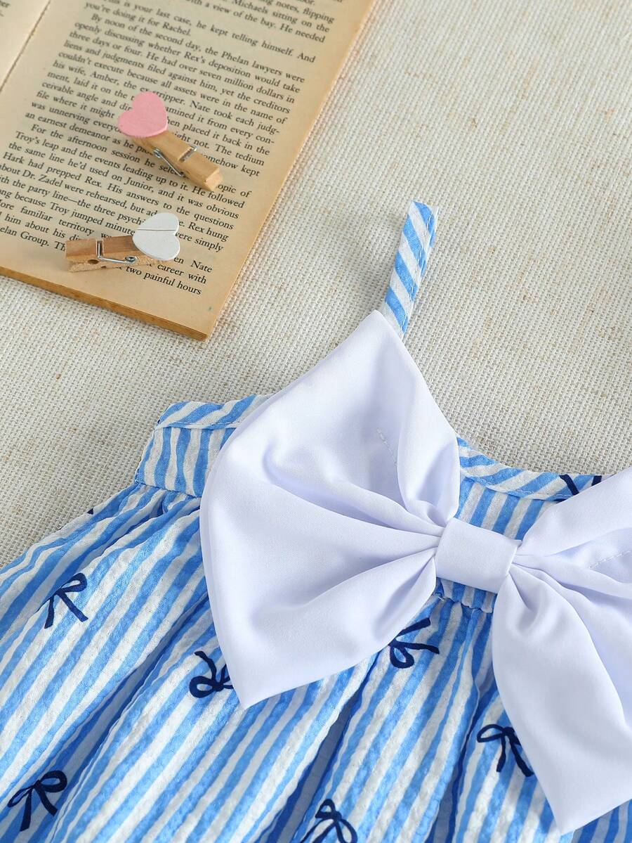 Girls Stripe Bow-Front Spaghetti Strap Mini Dress - Cerulean