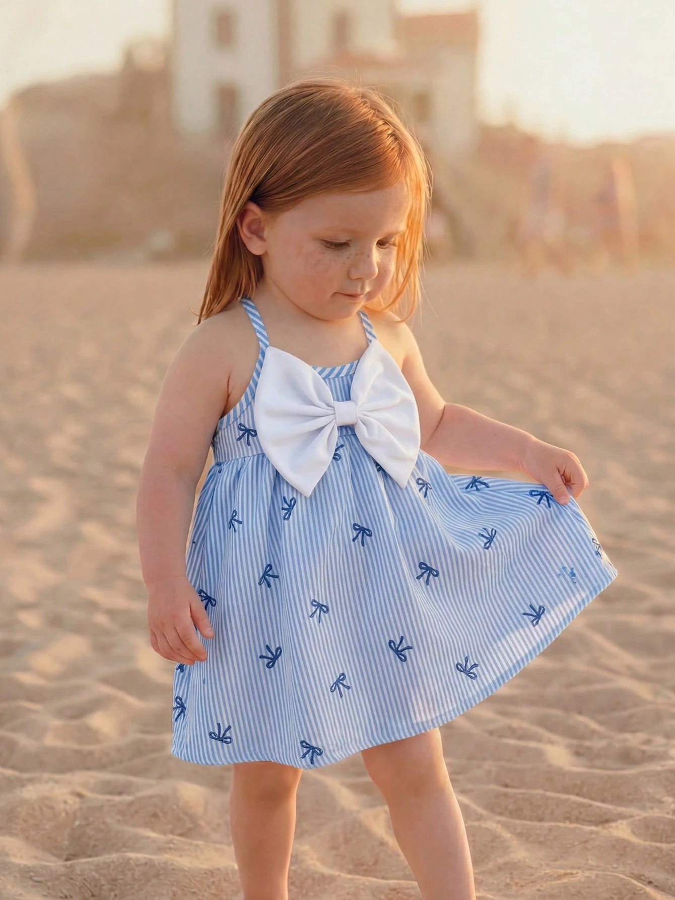 Girls Stripe Bow-Front Spaghetti Strap Mini Dress - Cerulean