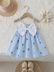 Girls Stripe Bow-Front Spaghetti Strap Mini Dress - Cerulean
