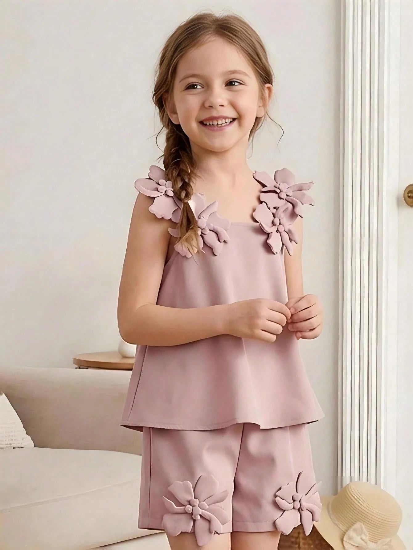 Girls 3D Floral Appliqué Camisole Top & Shorts - Dusty Rose