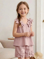 Girls 3D Floral Appliqué Camisole Top & Shorts - Dusty Rose