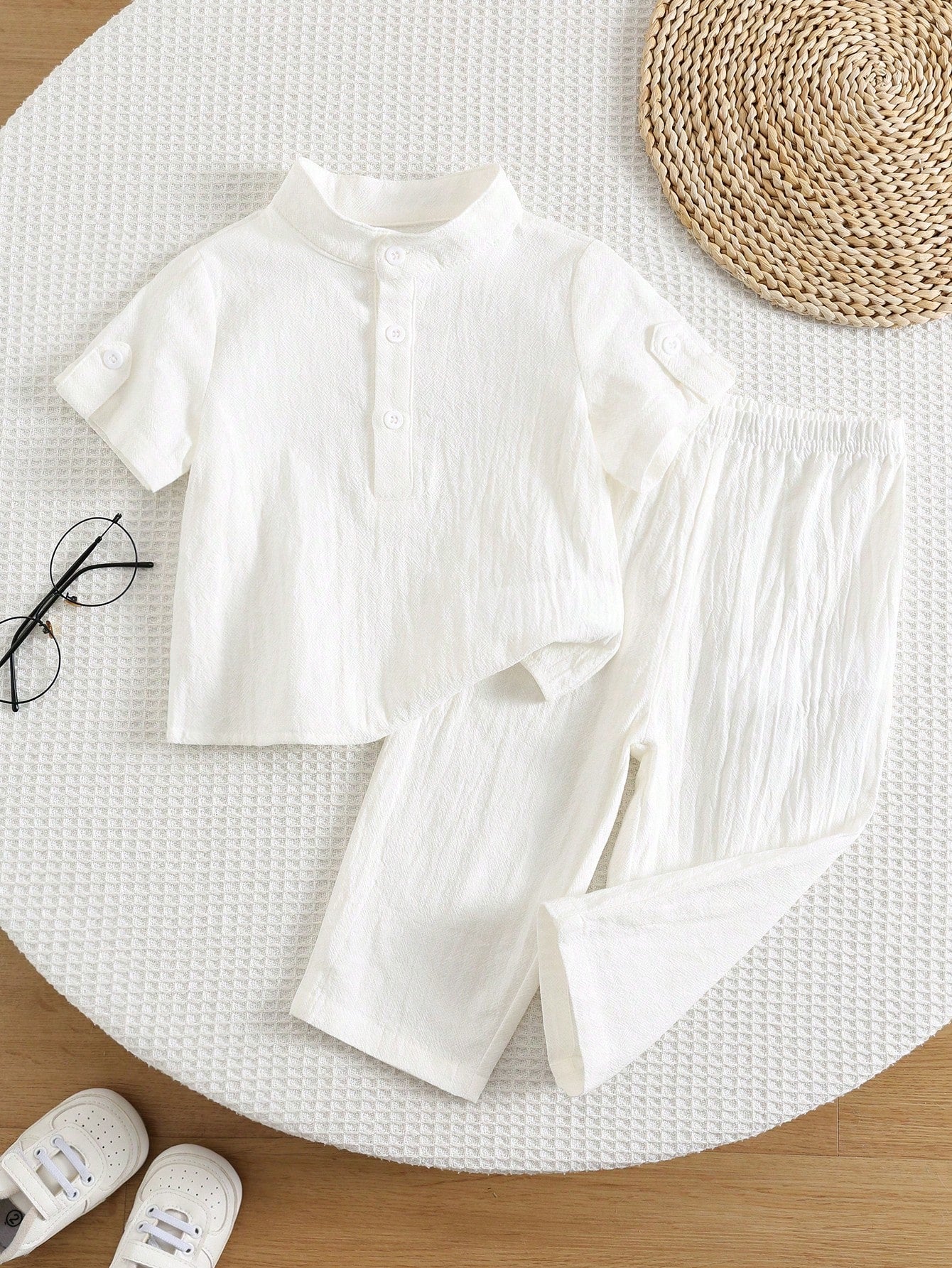 2pcs Unisex Cotton Henley Shirt & Trousers Set - Ivory | 21 Century...
