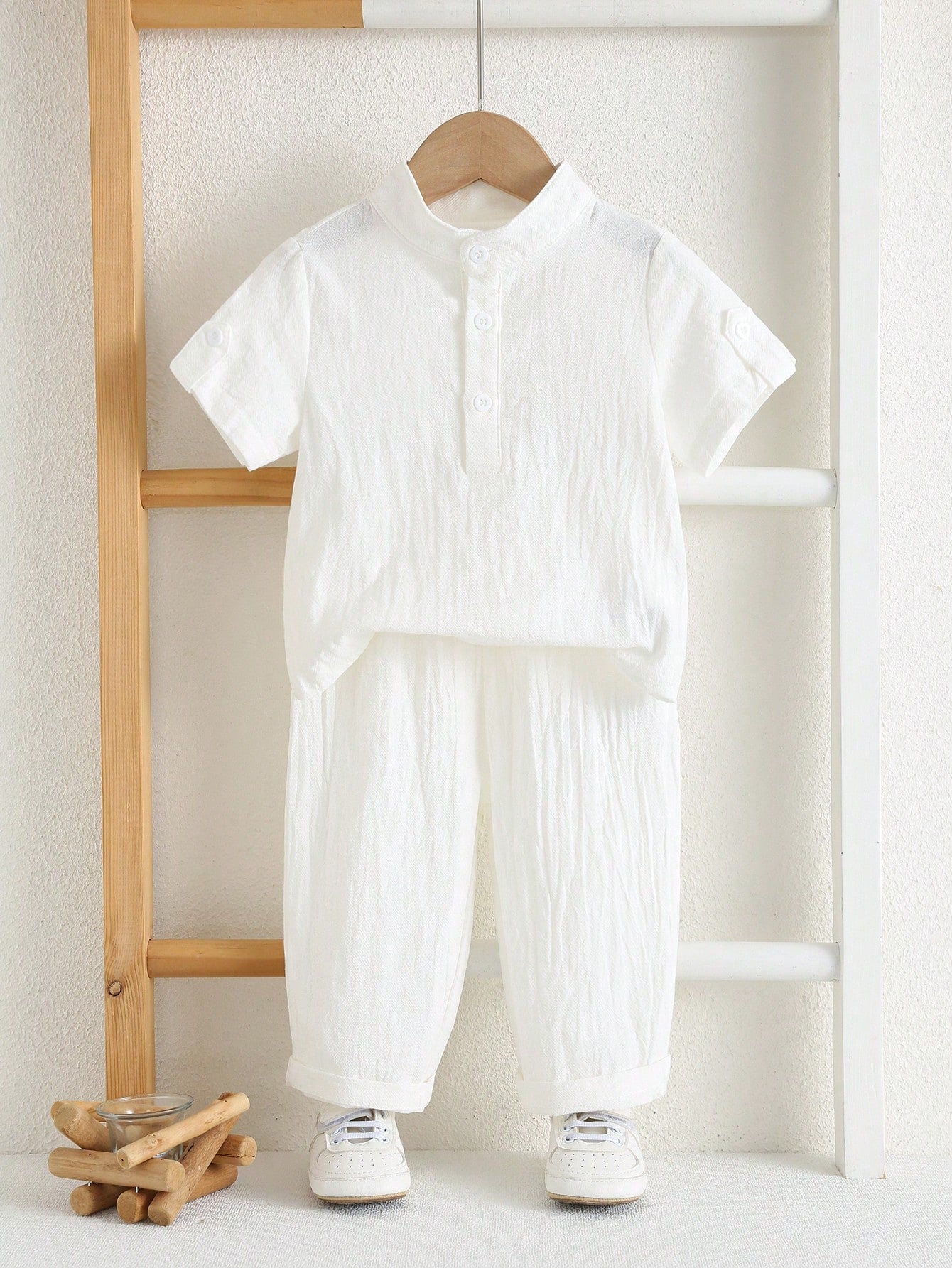 2pcs Unisex Cotton Henley Shirt & Trousers Set - Ivory | 21 Century...