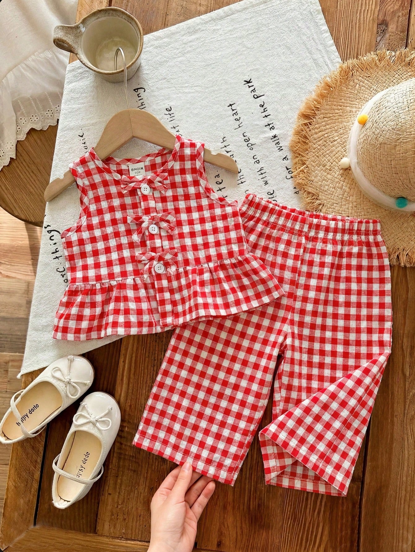 2pcs Baby Girls Gingham Ruffle Peplum Top & Pants Set - Scarlet | 2...