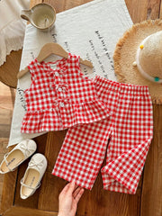 2pcs Baby Girls Gingham Ruffle Peplum Top & Pants Set - Scarlet | 2...