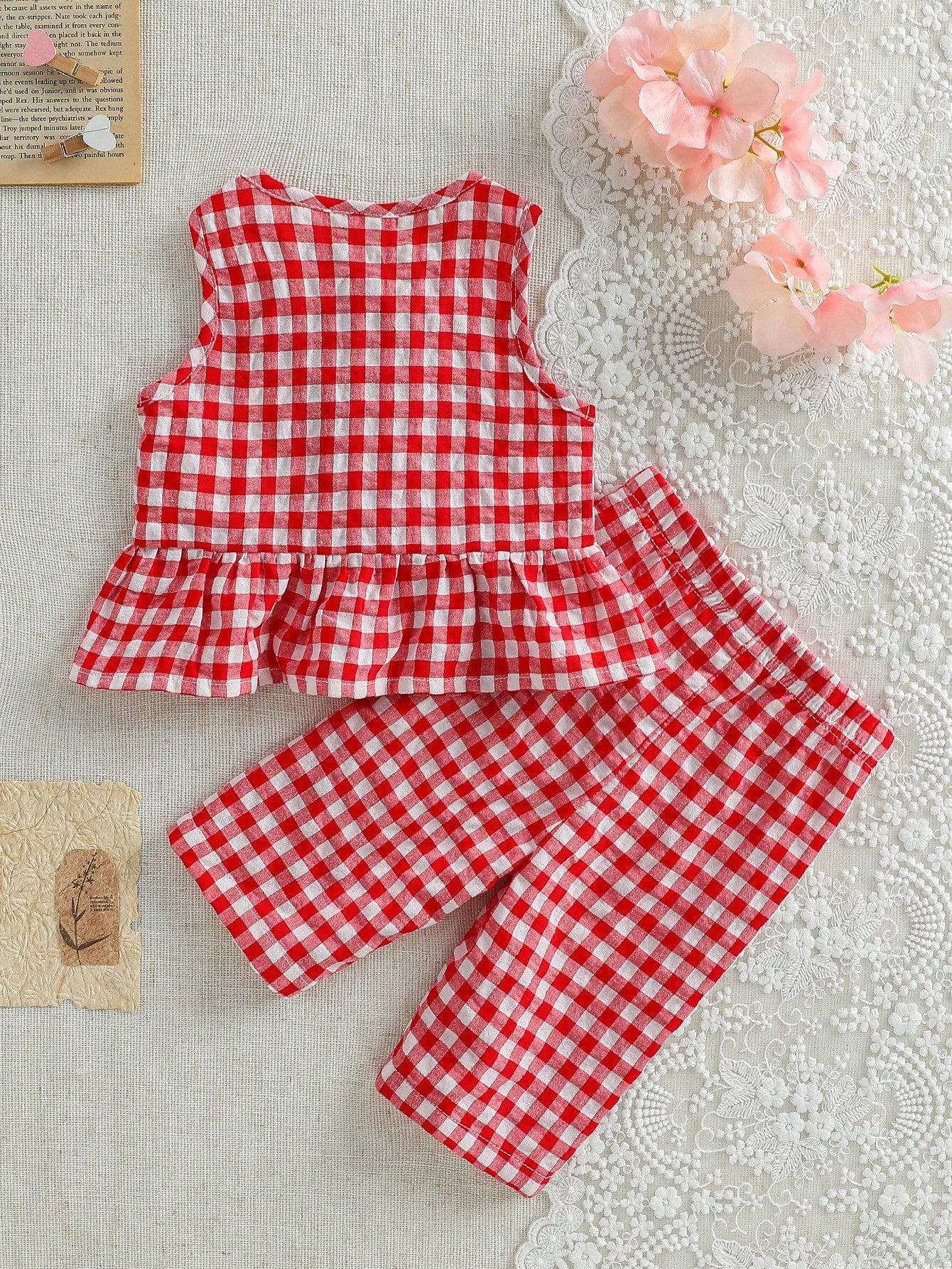 2pcs Baby Girls Gingham Ruffle Peplum Top & Pants Set - Scarlet | 2...