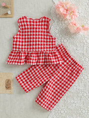 2pcs Baby Girls Gingham Ruffle Peplum Top & Pants Set - Scarlet | 2...