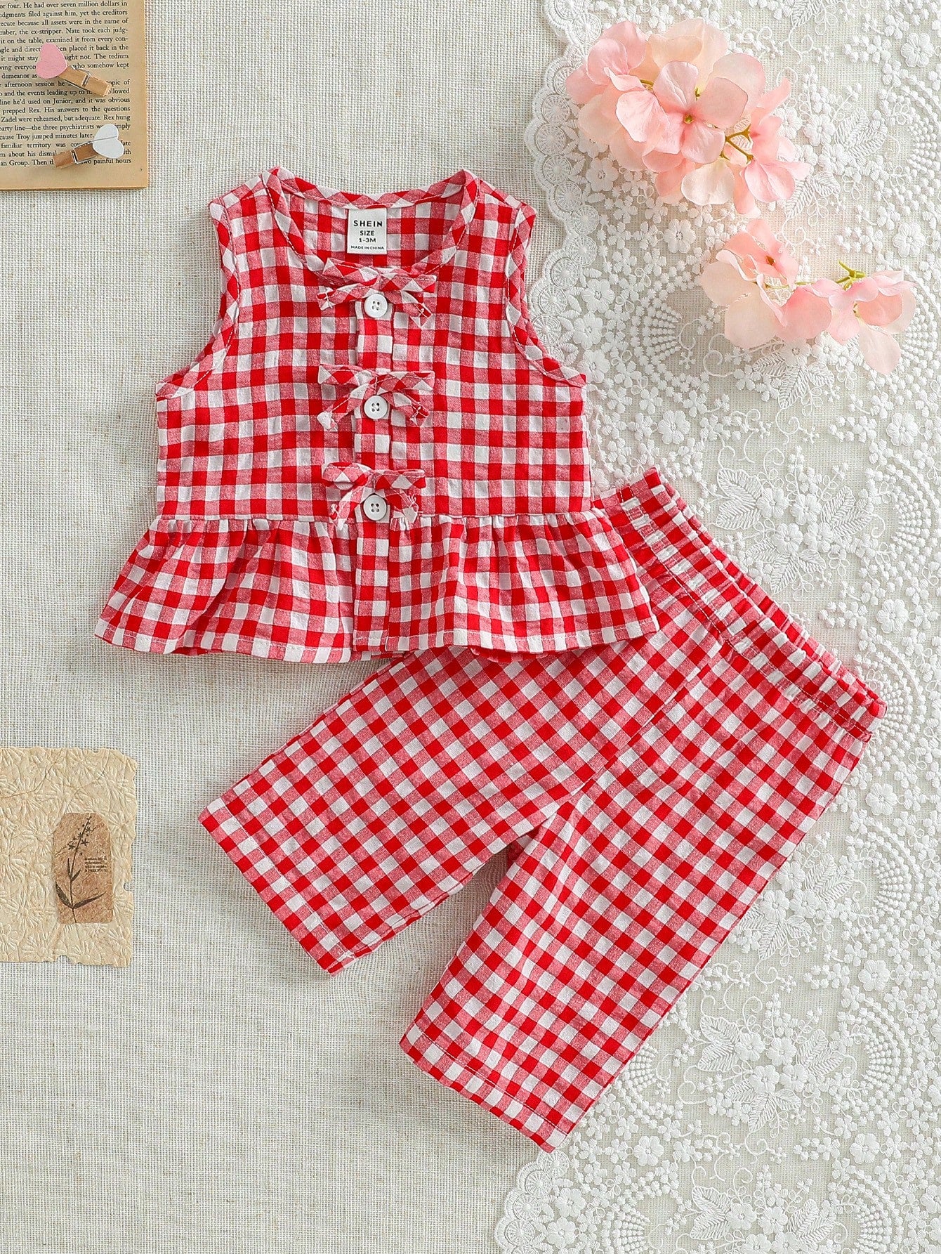 2pcs Baby Girls Gingham Ruffle Peplum Top & Pants Set - Scarlet | 2...
