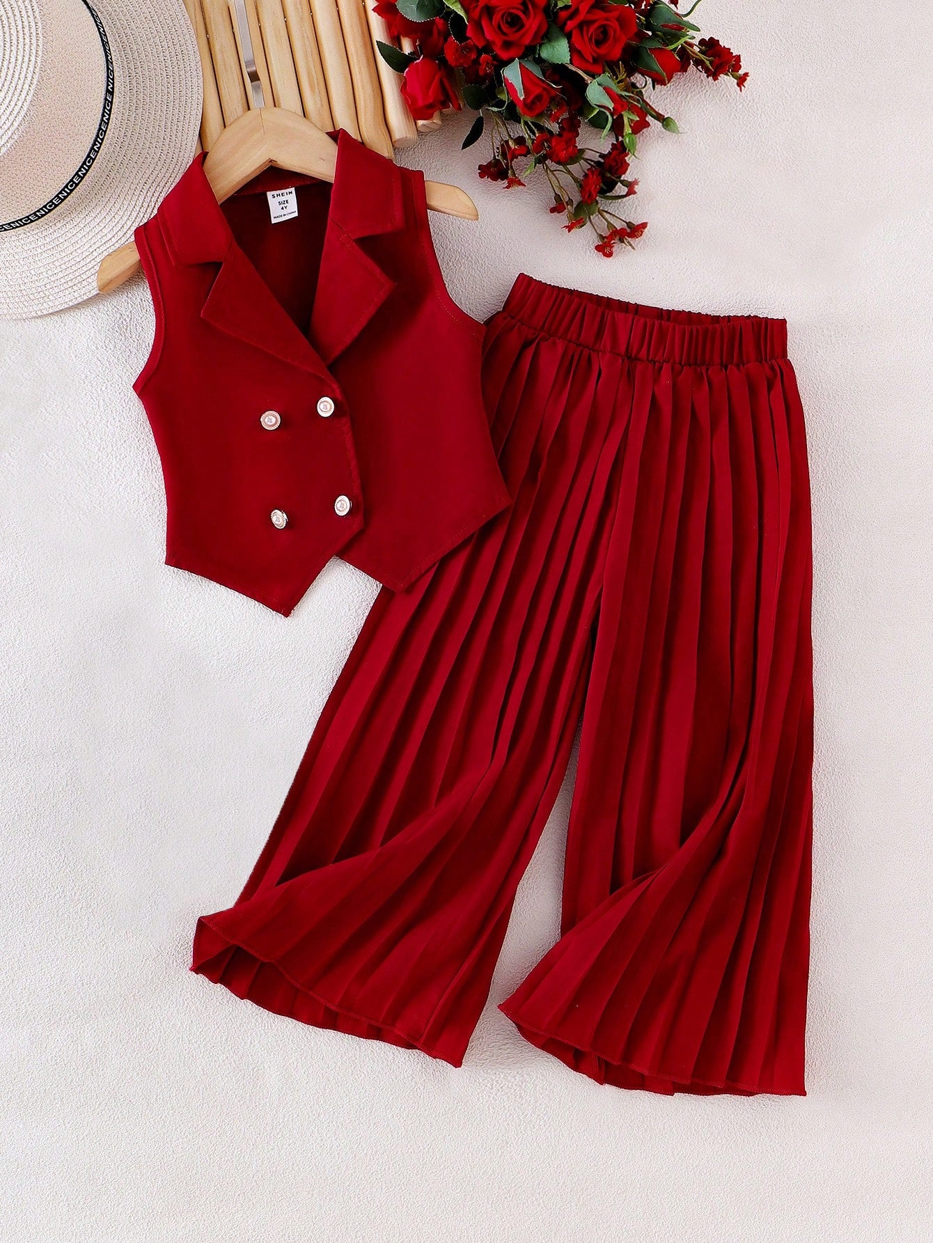 2pcs Girls Double-Breasted Blazer Vest & Pleated Wide-Leg Pants - Scarlet