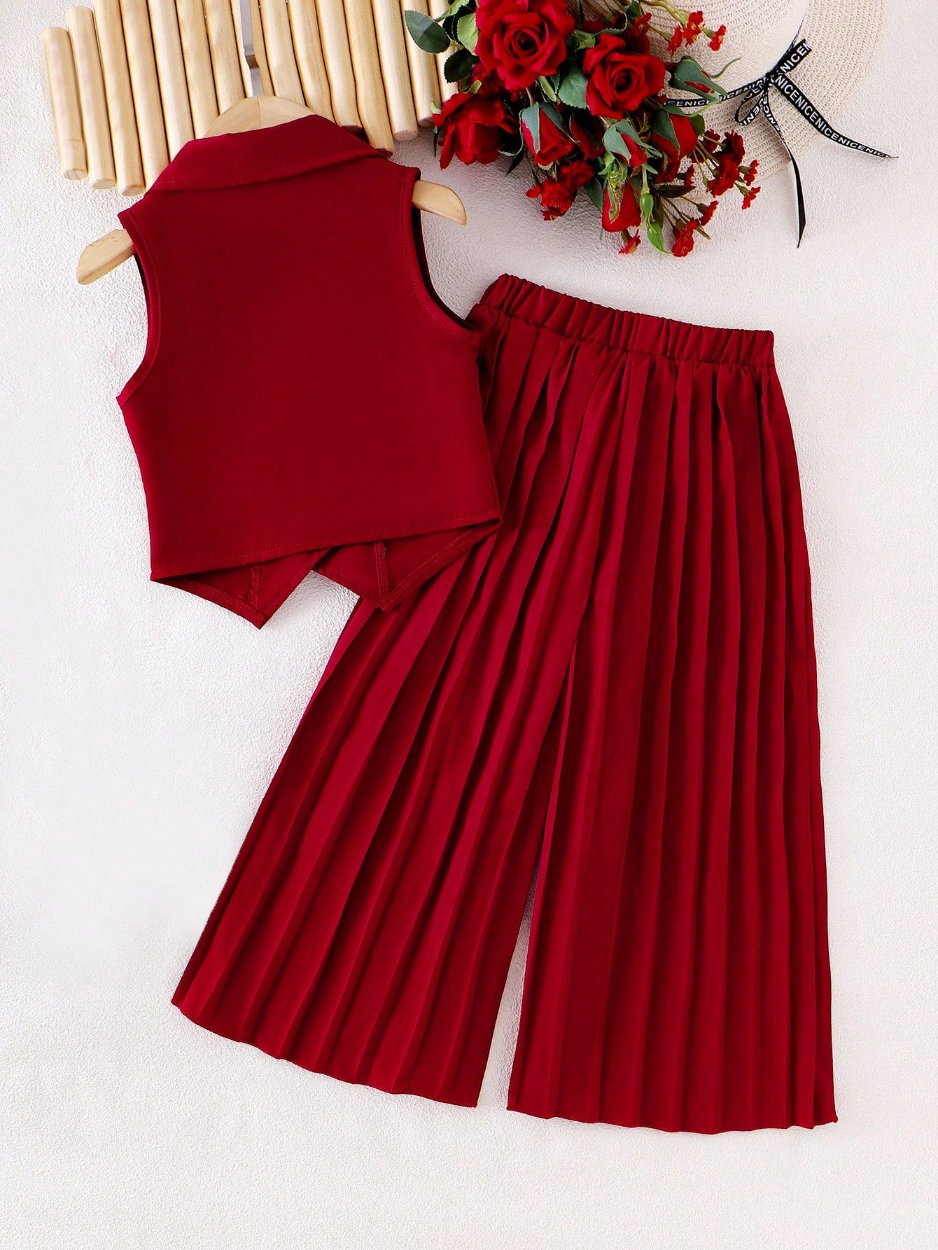 2pcs Girls Double-Breasted Blazer Vest & Pleated Wide-Leg Pants - Scarlet
