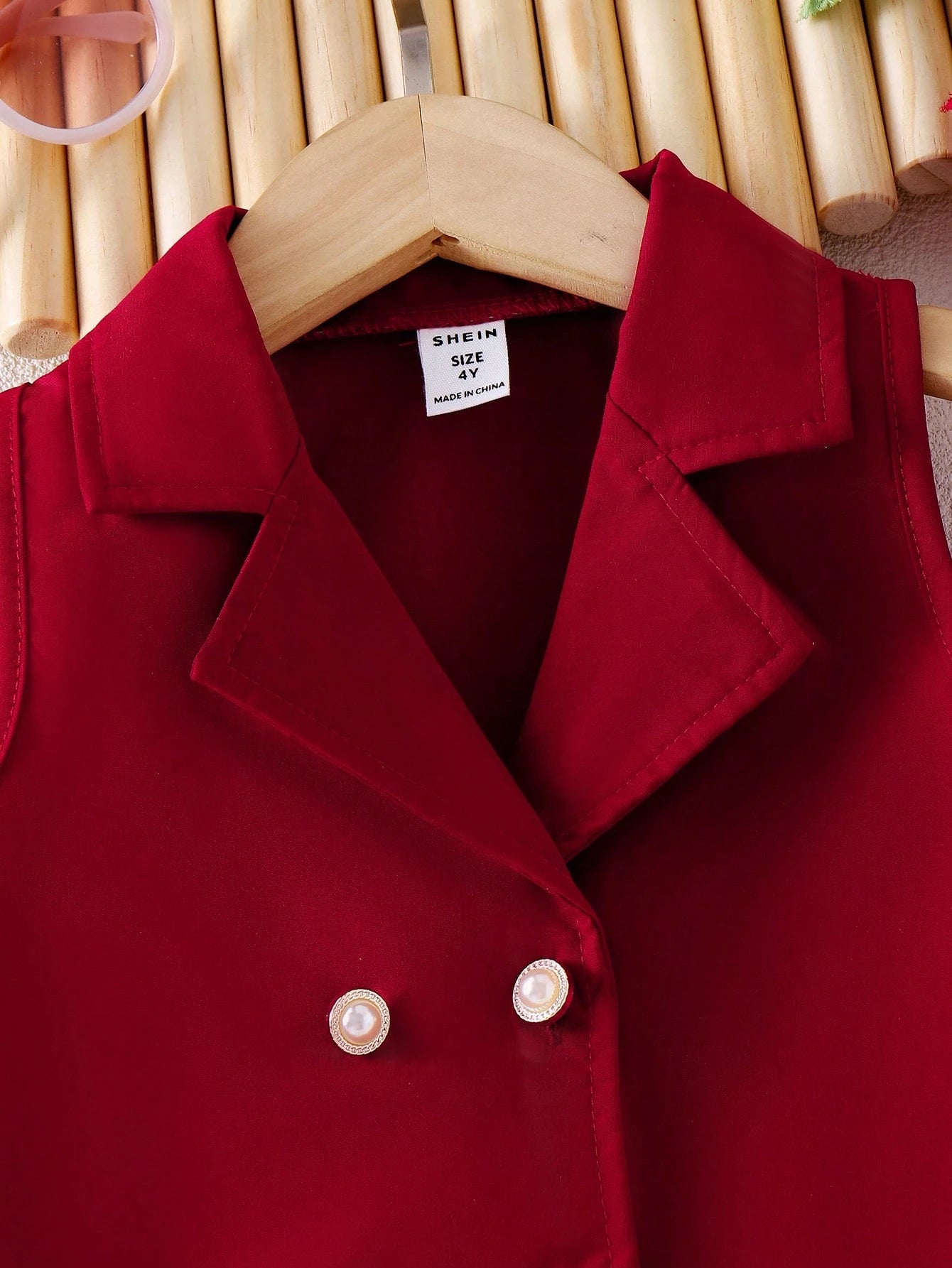 2pcs Girls Double-Breasted Blazer Vest & Pleated Wide-Leg Pants - Scarlet