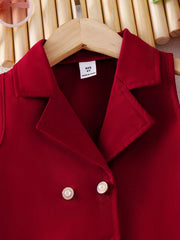 2pcs Girls Double-Breasted Blazer Vest & Pleated Wide-Leg Pants - Scarlet