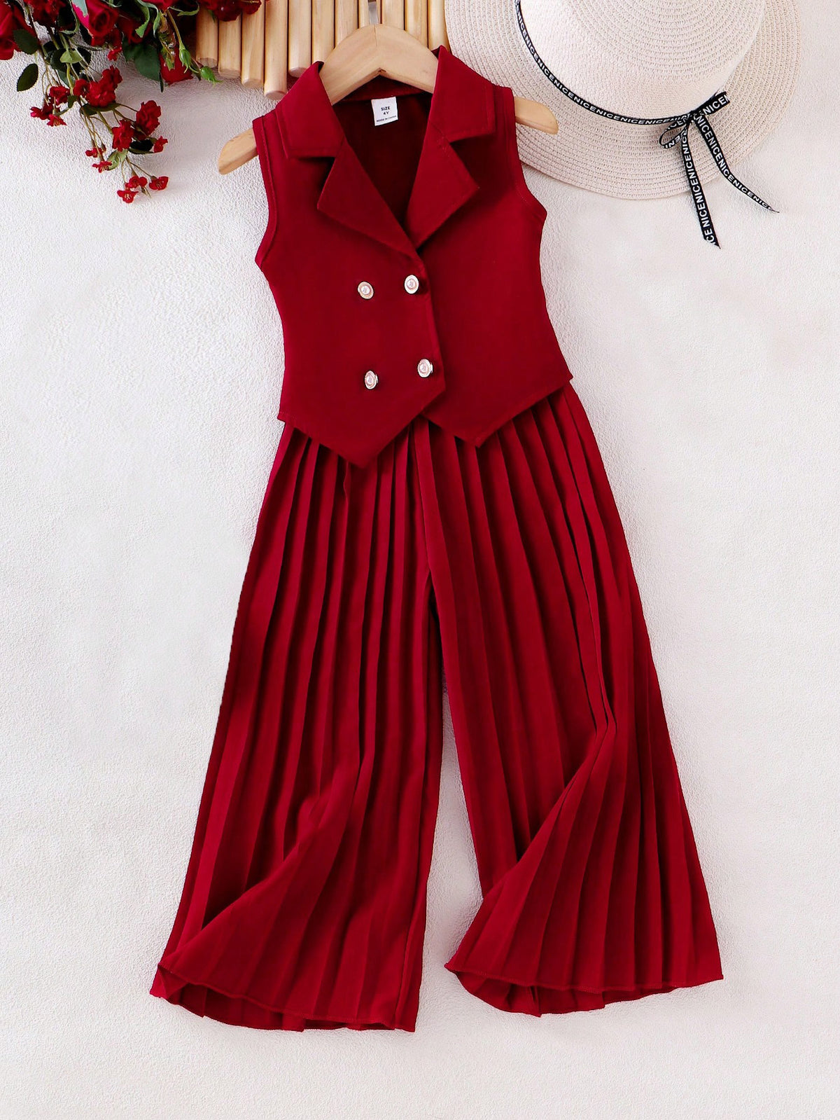 2pcs Girls Double-Breasted Blazer Vest & Pleated Wide-Leg Pants - Scarlet