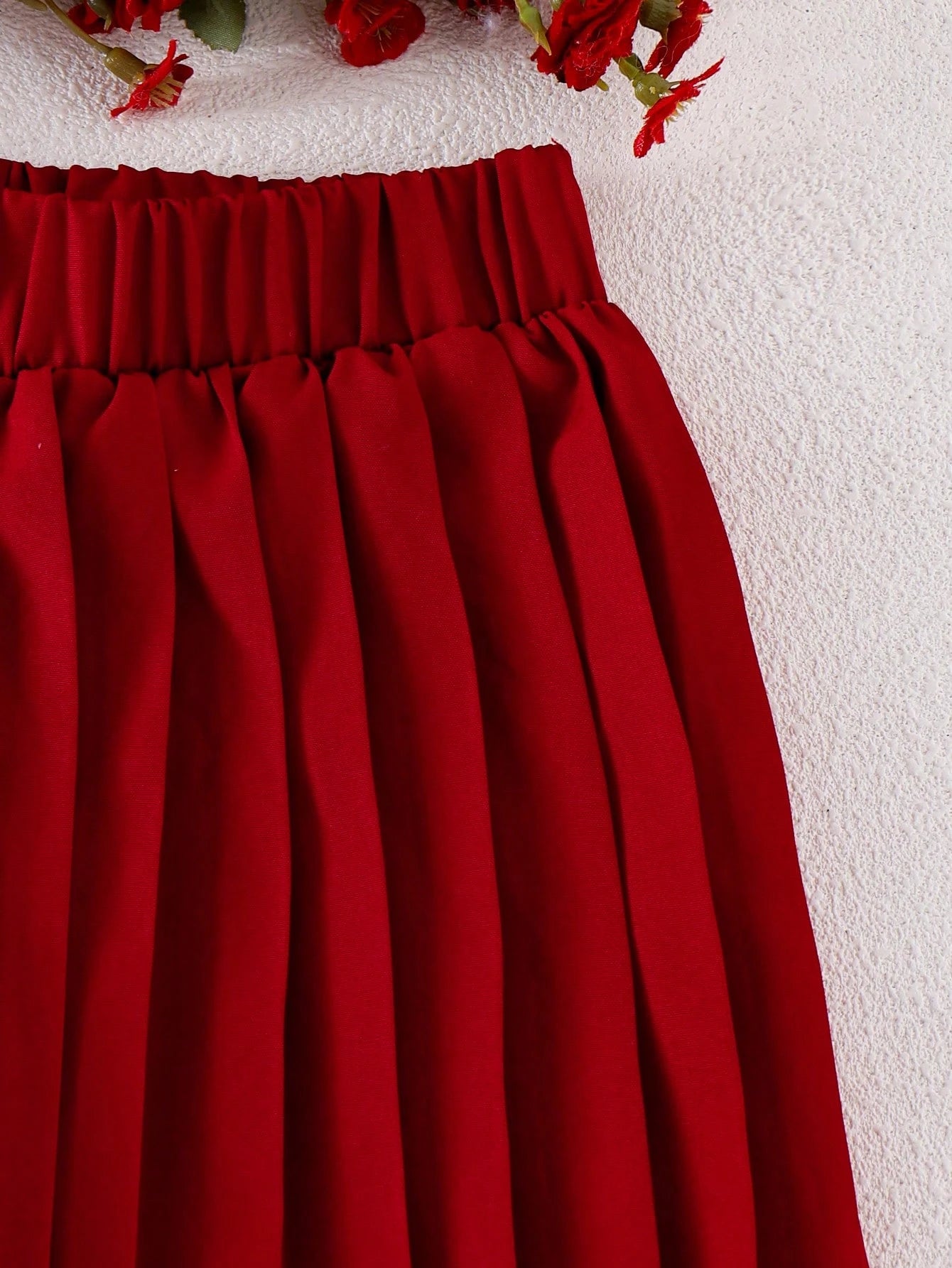 2pcs Girls Double-Breasted Blazer Vest & Pleated Wide-Leg Pants - Scarlet