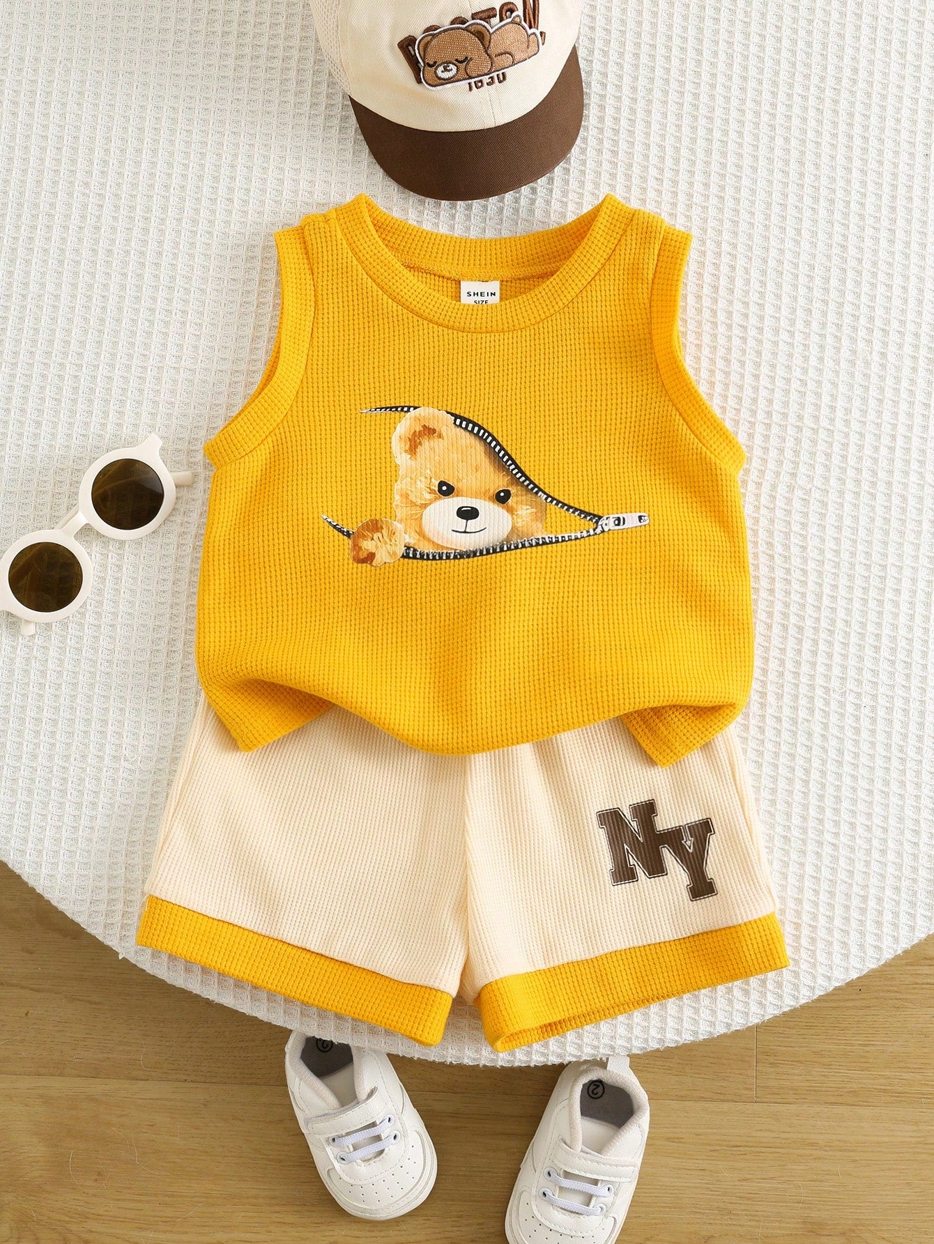 2pcs Boys Bear Graphic Waffle Tank Top & Shorts Set - Saffron | 21 ...