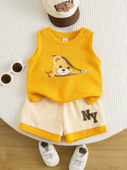 2pcs Boys Bear Graphic Waffle Tank Top & Shorts Set - Saffron | 21 ...