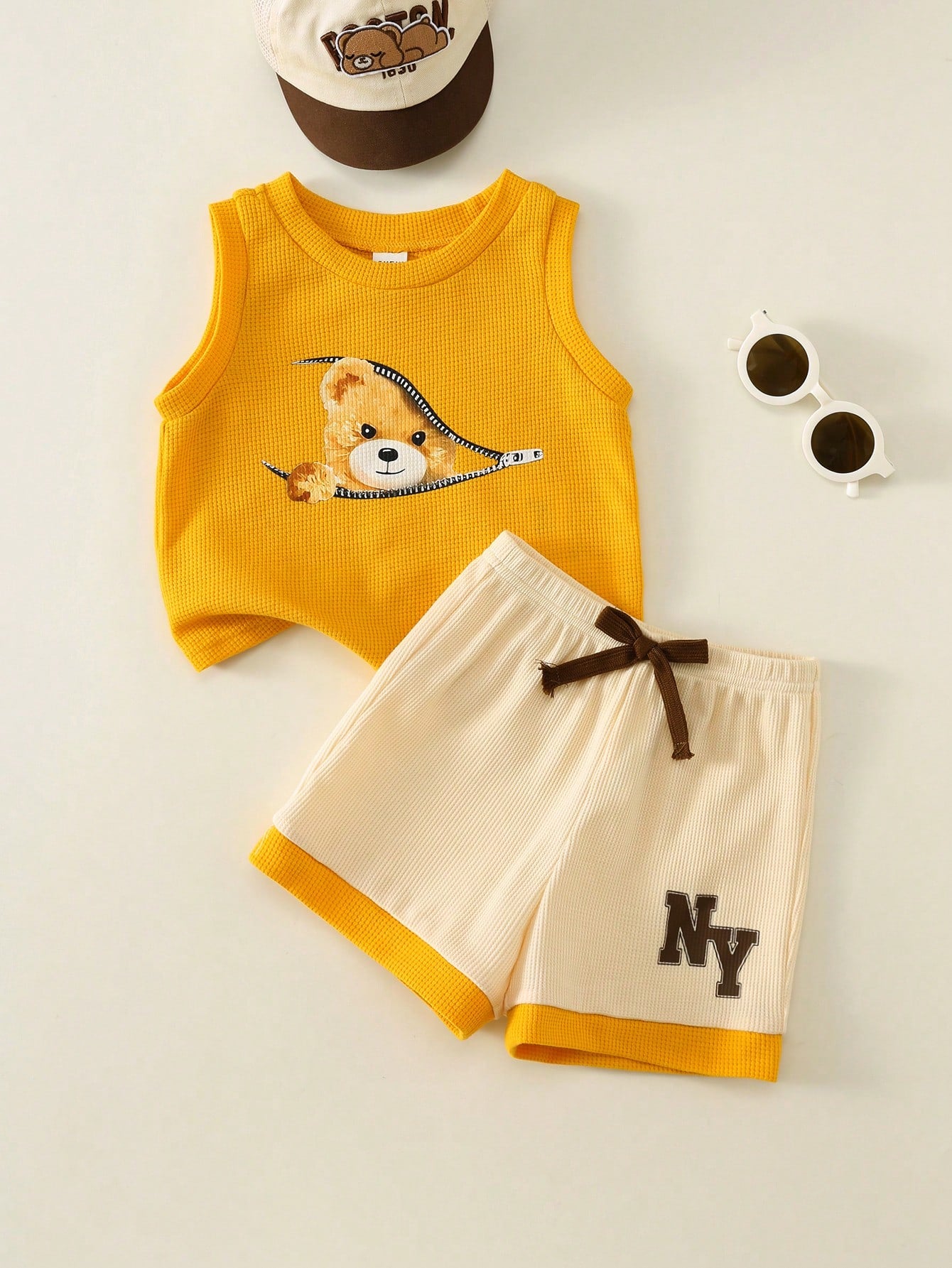 2pcs Boys Bear Graphic Waffle Tank Top & Shorts Set - Saffron | 21 ...