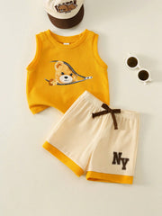 2pcs Boys Bear Graphic Waffle Tank Top & Shorts Set - Saffron | 21 ...