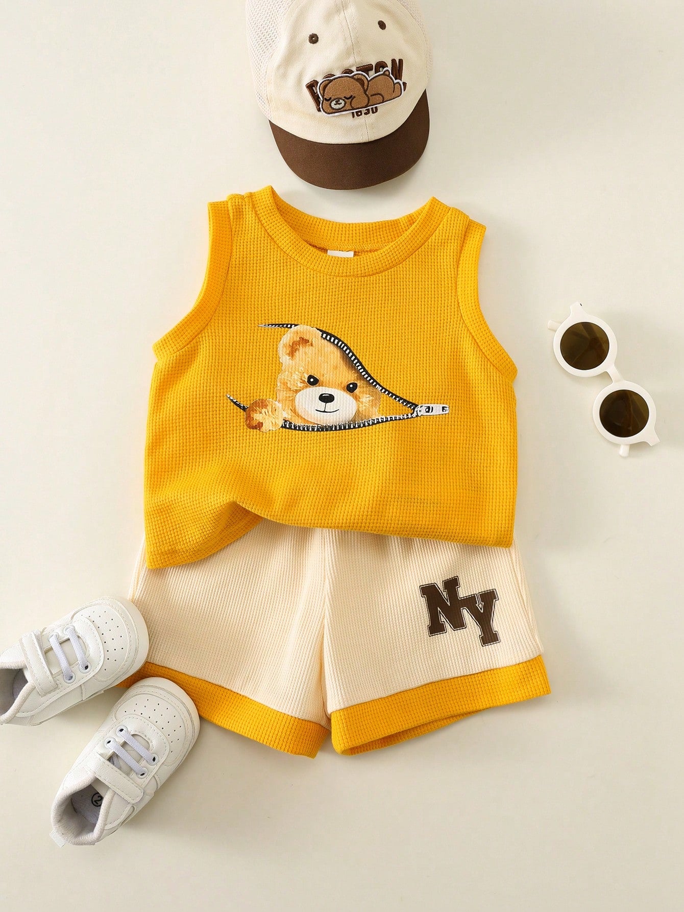 2pcs Boys Bear Graphic Waffle Tank Top & Shorts Set - Saffron | 21 ...
