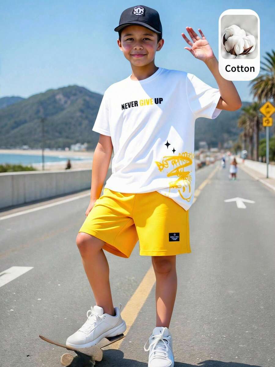 2pcs Big Boys Graffiti Graphic Tee & Shorts Set - Ivory | 21 Centur...