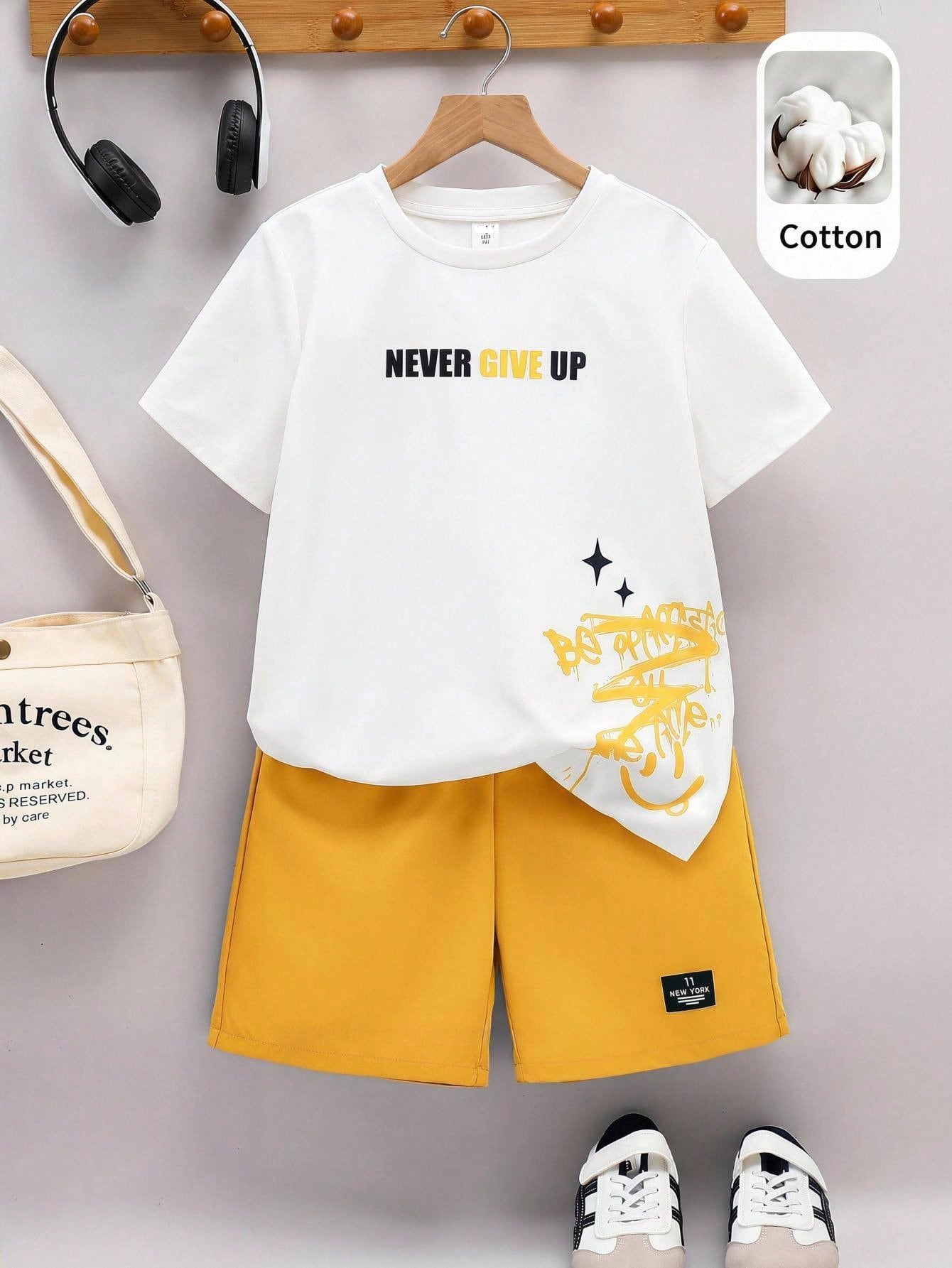 2pcs Big Boys Graffiti Graphic Tee & Shorts Set - Ivory | 21 Centur...