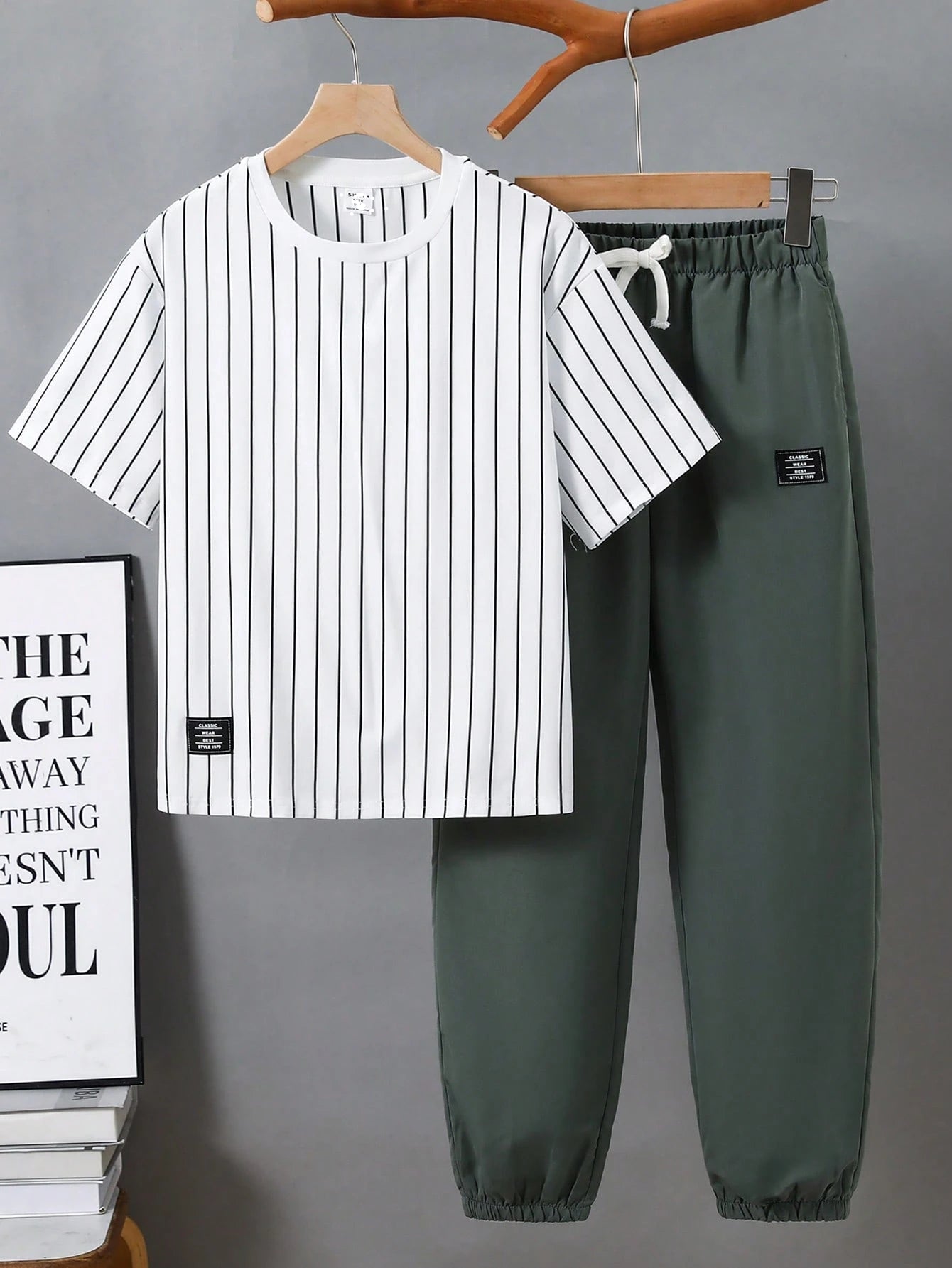 2pcs Big Boys Pinstripe Tee & Jogger Set - Ivory | 21 Century Kids