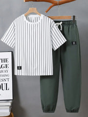 2pcs Big Boys Pinstripe Tee & Jogger Set - Ivory | 21 Century Kids
