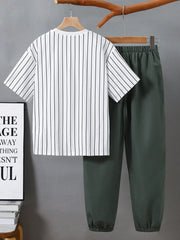 2pcs Big Boys Pinstripe Tee & Jogger Set - Ivory | 21 Century Kids