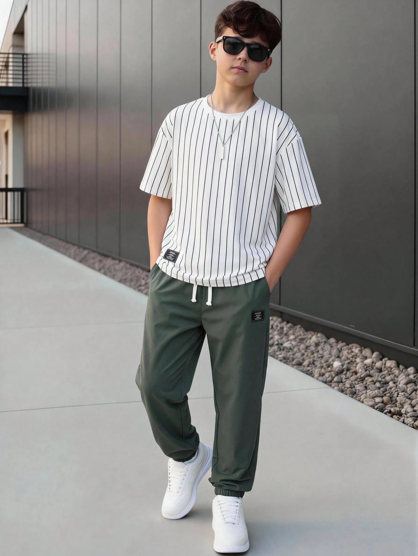 2pcs Big Boys Pinstripe Tee & Jogger Set - Ivory | 21 Century Kids