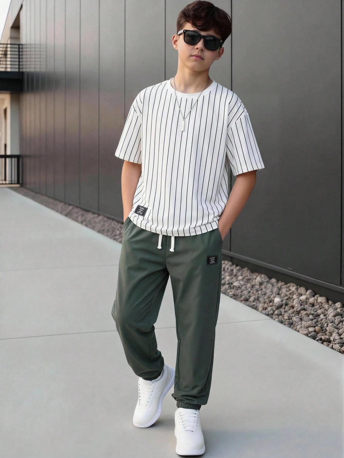 2pcs Big Boys Pinstripe Tee & Jogger Set - Ivory | 21 Century Kids