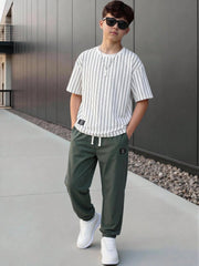 2pcs Big Boys Pinstripe Tee & Jogger Set - Ivory | 21 Century Kids