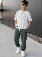 2pcs Big Boys Pinstripe Tee & Jogger Set - Ivory | 21 Century Kids
