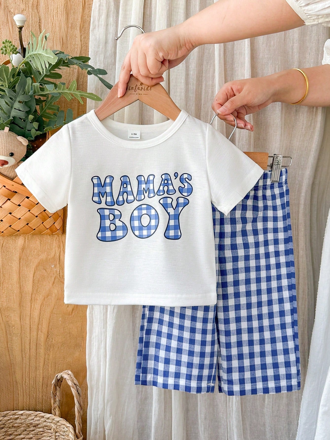 2pcs Boys Mama's Boy Tee & Gingham Pants Set - Cobalt | 21 Century ...