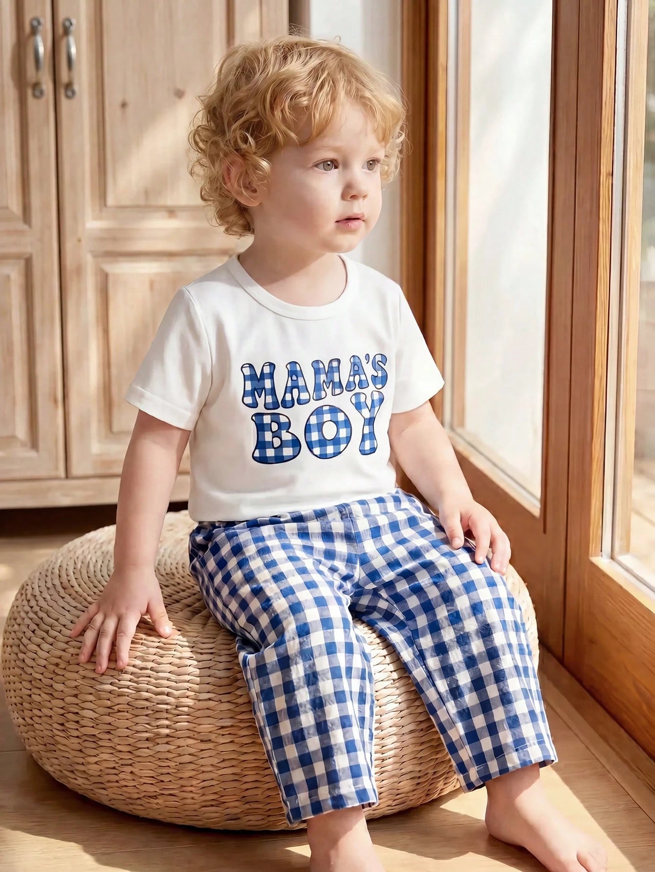 2pcs Boys Mama's Boy Tee & Gingham Pants Set - Cobalt | 21 Century ...