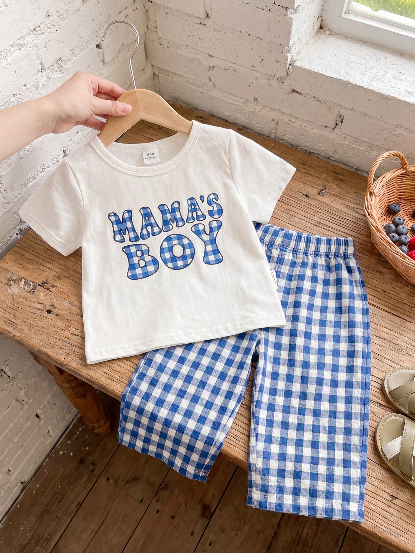 2pcs Boys Mama's Boy Tee & Gingham Pants Set - Cobalt | 21 Century ...