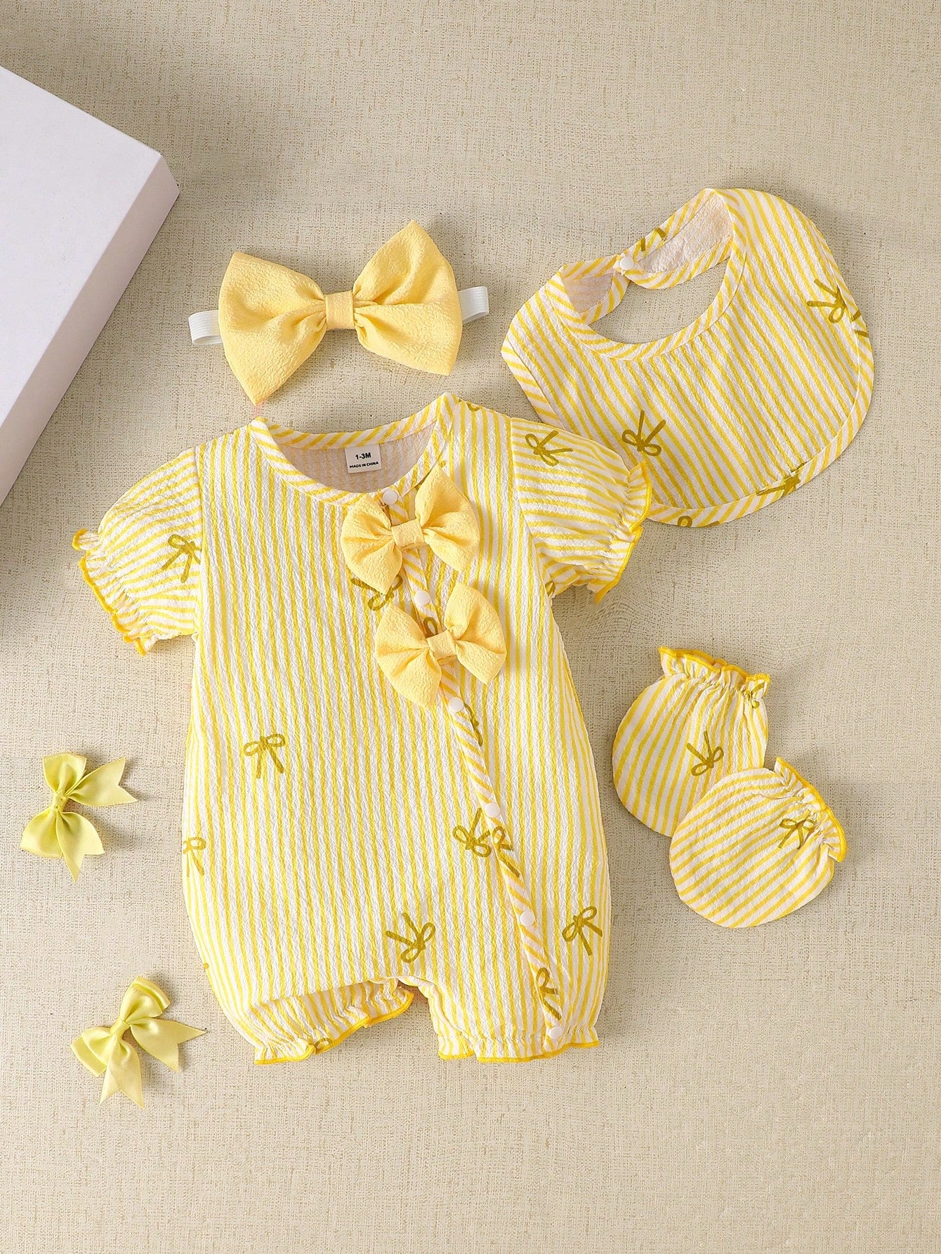 4pcs Baby Girls Bow Striped Seersucker Romper Set - Buttercup | 21 ...