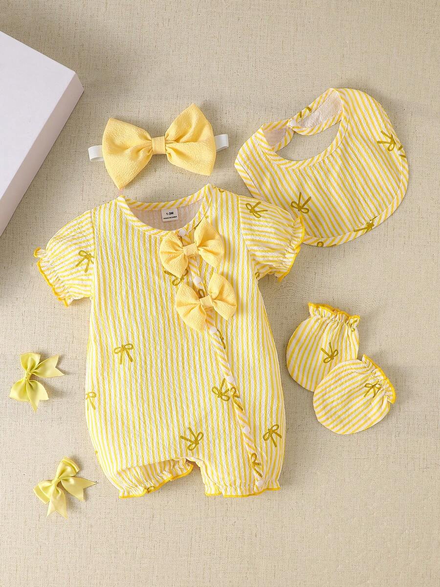 4pcs Baby Girls Bow Striped Seersucker Romper Set - Buttercup | 21 ...