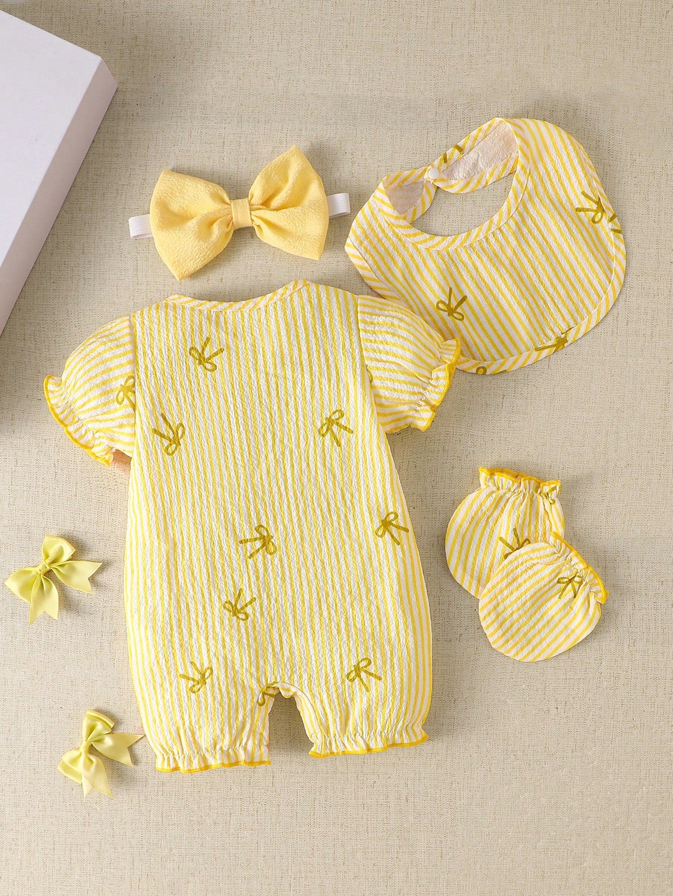 4pcs Baby Girls Bow Striped Seersucker Romper Set - Buttercup | 21 ...