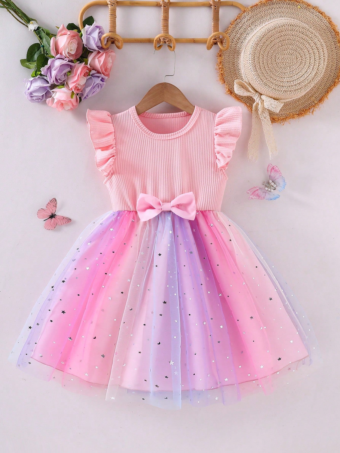 Girls Ribbed Bodice Star Tulle Bow Party Dress - Blush | 21 Century...