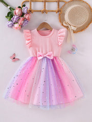 Girls Ribbed Bodice Star Tulle Bow Party Dress - Blush | 21 Century...
