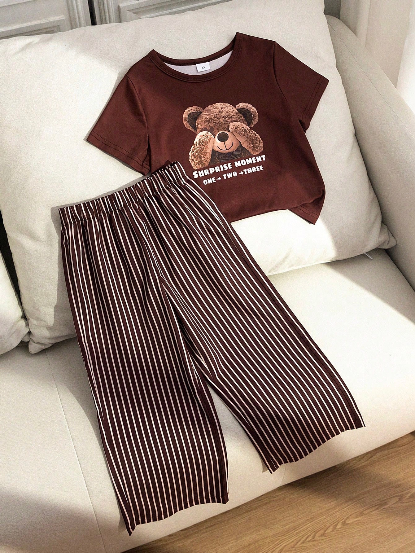 2pcs Girls Teddy Bear Graphic Tee & Striped Wide-Leg Pants Set - Ox...