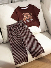 2pcs Girls Teddy Bear Graphic Tee & Striped Wide-Leg Pants Set - Ox...