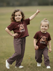 2pcs Girls Teddy Bear Graphic Tee & Striped Wide-Leg Pants Set - Ox...